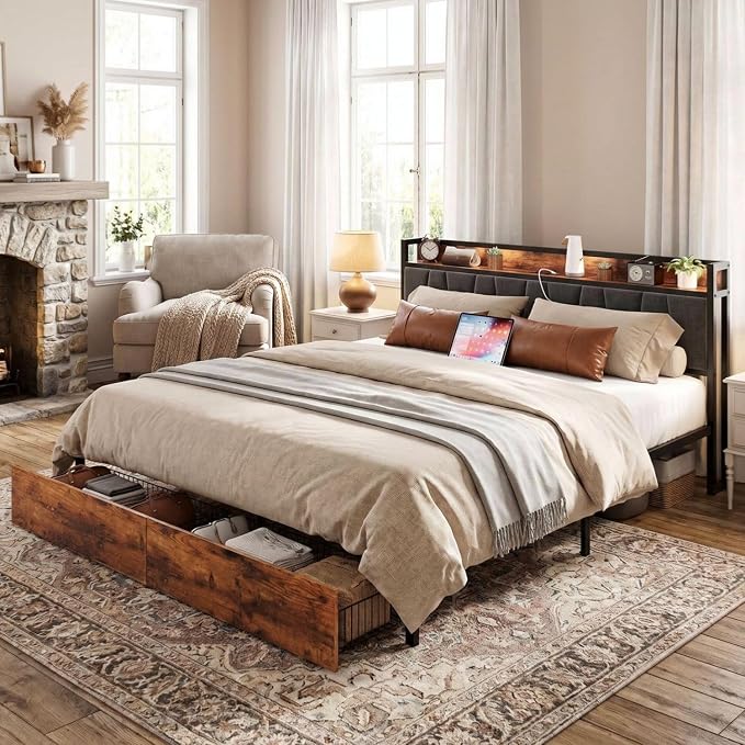 LIKIMIO California King Size Bed Frame with 2 Drawers and Charging Station | Platform Bed with Upholstered Storage Headboard, No Box Spring Needed, Easy Assembly, Sturdy, Industrial Brown and Gray