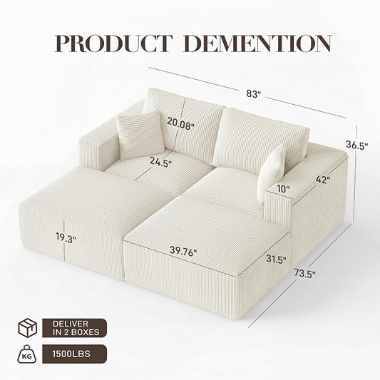 Modular Sectional Sofa Bed with Ottoman, 79" Memory Foam Cloud Couch, Boneless Loveseat Corduroy Upholstered Floor Couch, No Assembly Required Living Room Furniture for Apartment Bedroom, Beige