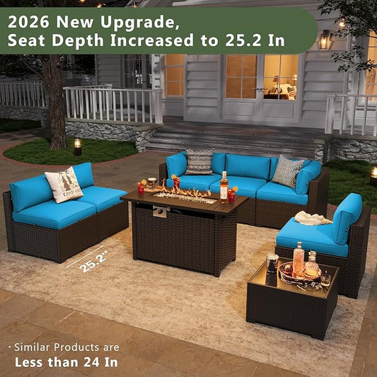 Aoxun 8 Piece Patio Furniture Set with 44” Fire Pit Table, Wicker Rattan Patio Sectional Sofa, Outdoor Furniture Set with Thickened Cushion, Peacock Blue