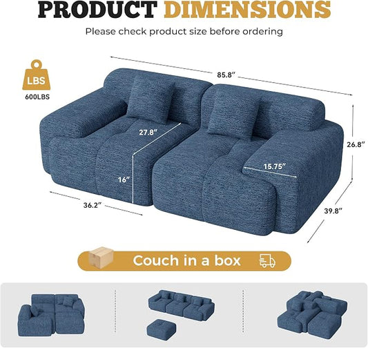 85" Cloud Loveseat Sofa in a Box, Modern Small Couch No Assembly Required, Comfy Deep Seat Boneless Couches for Living Room, Bedroom, Apartment, Blue 1 PCS