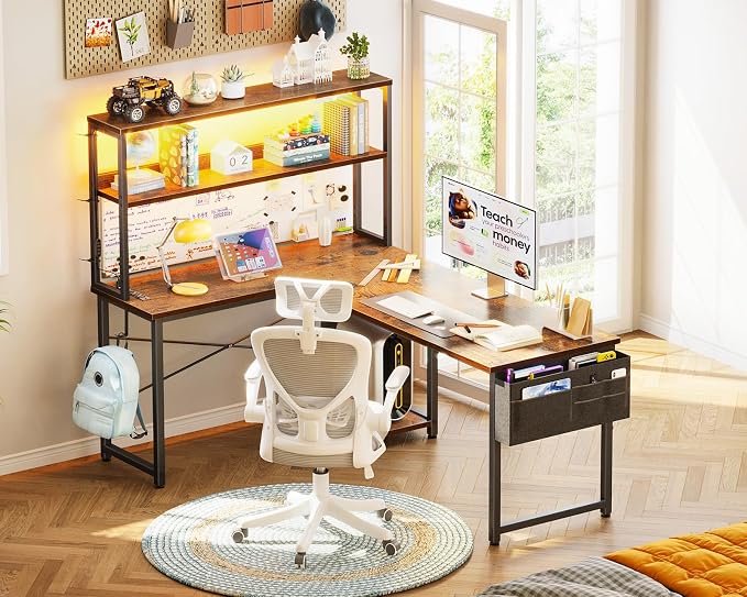AODK L Shaped Desk Gaming Desk with LED Light & Power Outlet, 53 Inch Reversible L Shaped Computer Table with Shelf & Storage Bag & Hook for Home Office, Vintage