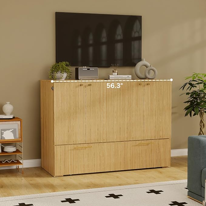 Full Size Murphy Bed Cabinet: Oak Cabinet Bed with Charging Station, Wood Murphy Cabinet with Large Drawers for Guest Room, Living Room and Office