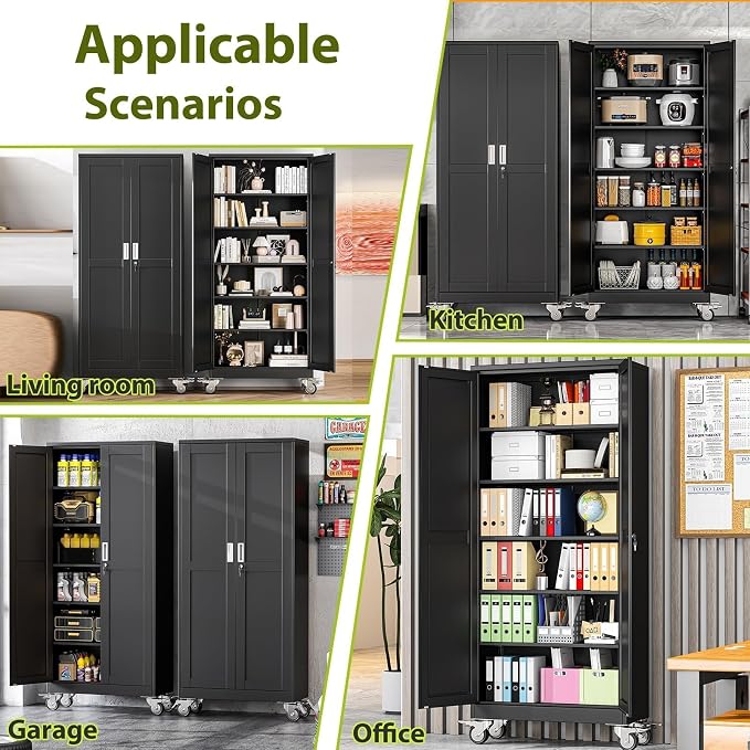Metal Garage Storage Cabinet with Wheels, 74.8" H x 31.5" W x 15.7" D, Lockable Rolling Steel Tool Cabinet with Adjustable Shelves, Heavy Duty Garage Cabinet for Workshop, Basement, Home, Black