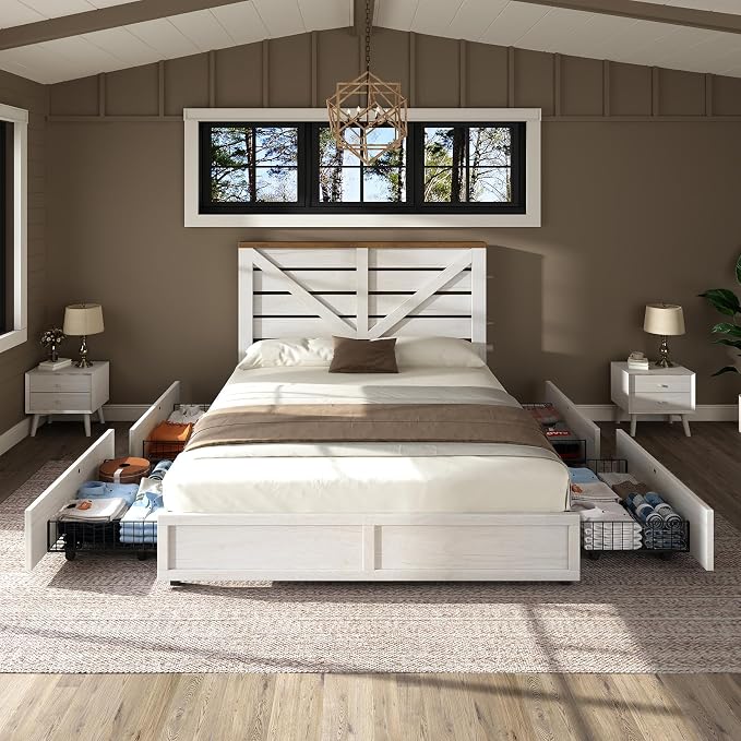 AMERLIFE 3 Piece Bedroom Set Including Farmhouse Full Size Bed Frame with 4 Drawers, Nightstands Set of 2 with Charging Station for Bedroom, White