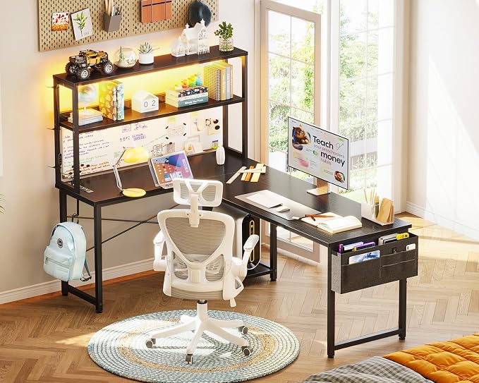 AODK L Shaped Desk Gaming Desk with LED Light & Power Outlet, 61 Inch Reversible L Shaped Computer Table with Shelf & Storage Bag & Hook for Home Office, Black