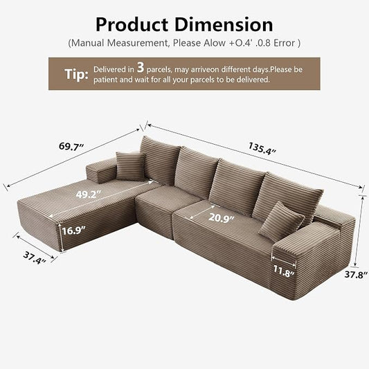 135" Cloud Sectional Couch with L-Shape Chaise, Modern Cloud Couch with Deep Seat, Modular Sectional Couches for Living Room, Apartment, Office, No Assembly Required Camel