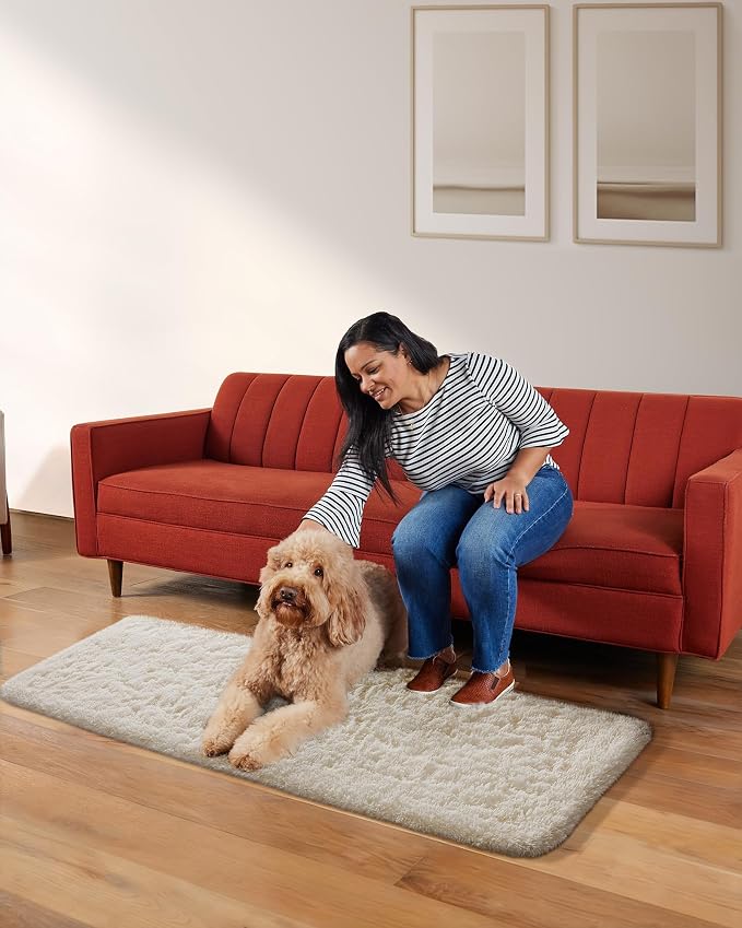 Ophanie Runner Rug for Hallway, 2x5 Upgrade Non-Slip Fluffy Soft Bedside Rugs, Bedroom Living Room Ivory Shaggy Carpet for Kids Girls Boys Dorm Nursery Home Decor Aesthetic