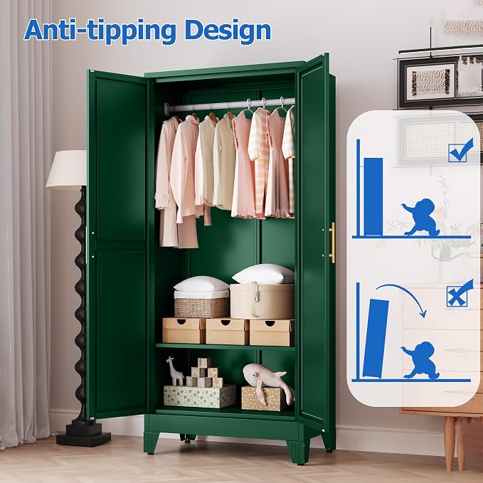 GAIOUS 71" Metal Wardrobe Cabinet with Mirror and Hanging Rod Green | Clothing Storage Cabinets with 2 Doors and Adjustable Shelves, Armoire Wardrobe Closet for Bedroom, Laundry Cloak Room