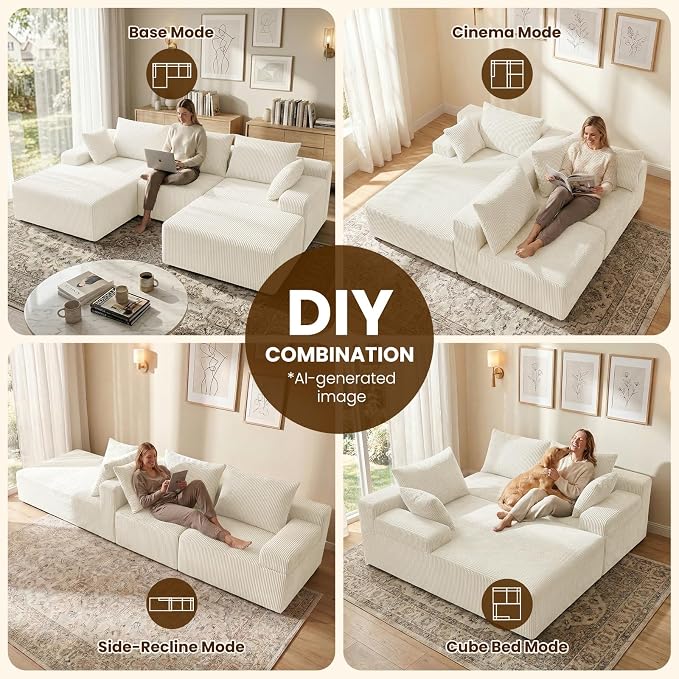 kinmars 108" Boneless Sectional Couch,Corduroy Cloud Couch Sectional for Living Room,Modern U Shaped Modular Sectional Couch,3 Seater Sofa (Beige, 108.9" U Shaped with Ottoman)