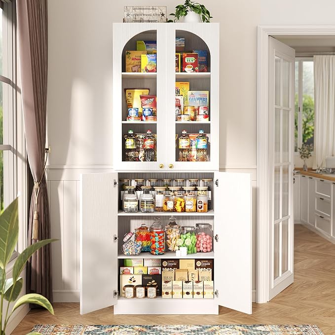 Cyclysio 80" Kitchen Pantry, Tall Arch Storage Cabinet with Tempered Glass & Soft Close Doors, Freestanding Wood Floor Cupboard Bookcase with Seamless Fit Wall for Dining Room, Living Room, Bathroom
