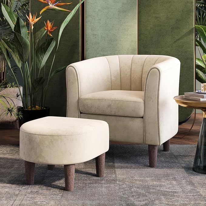 LINSY Small Accent Chair with Ottoman, Modern Barrel Chair Comfy Armchair Reading Chair with Footrest, Small Round Arms Chair for Living Room Bedroom Reading Room, Velvet, Beige