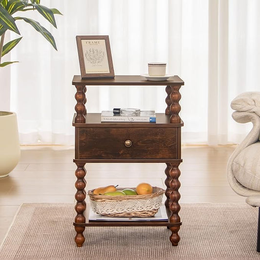 AWASEN Night Stand, Bed Side Table Bedroom with Drawer, 3-Tier Small Nightstand End Table with Storage for Small Spaces &Solid Wood Spindle Legs, Rustic Brown