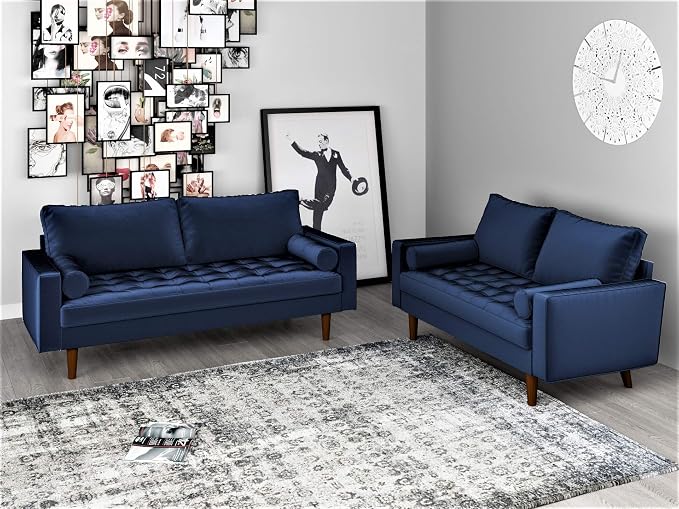 Container Furniture Direct Womble Mid Century Modern Velvet Upholstered Tufted Seat with Bolster Pillows, Sofa, Denim Blue