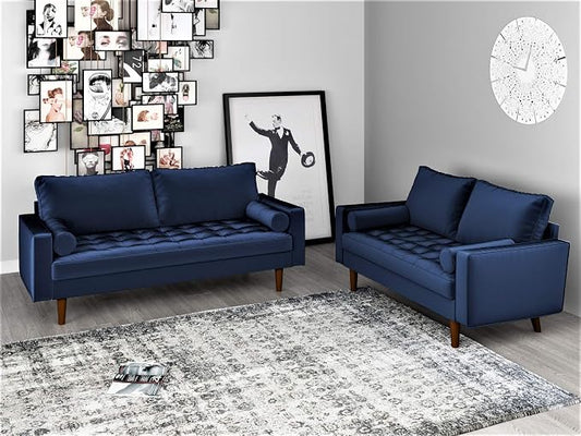 Container Furniture Direct Womble Mid Century Modern Velvet Upholstered Tufted Seat with Bolster Pillows, Loveseat, Sofa, Denim Blue