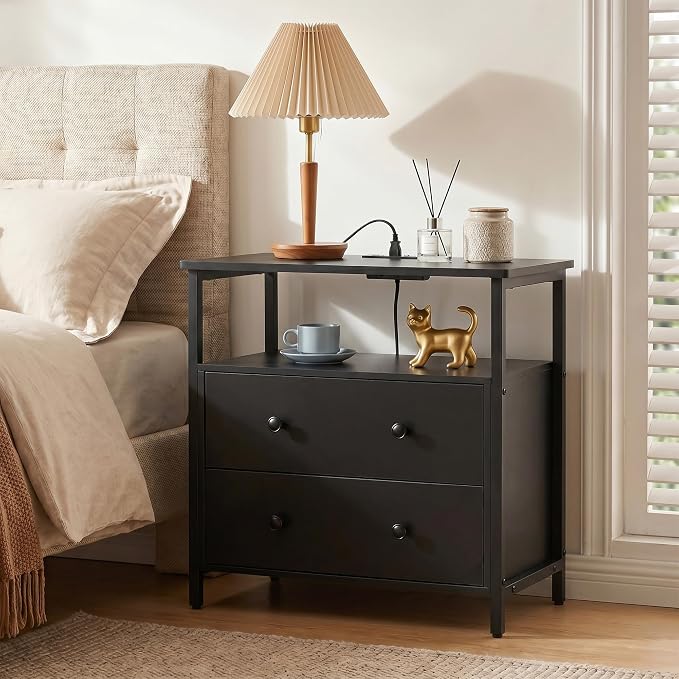 Edbuosy 27 inch Wide Nightstand Set 2 with Charging Station, Bedside Table with Open Shelf, 2 Drawers Small Wood Dresser, Modern Wood Nightstand for Bedroom/Living Room, Black