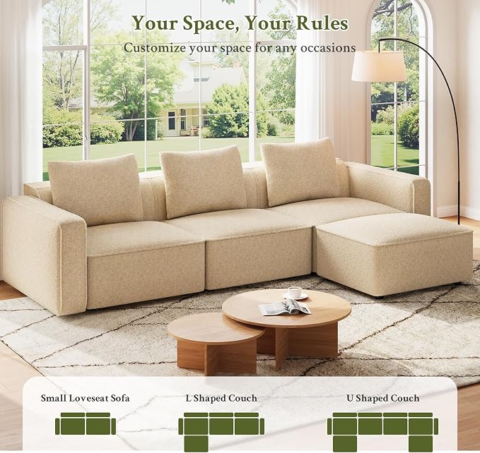 Welzona 132" Locked-in Modular Couch, Minimalist Modular Sectional Sofa, Tool-Free Setup U Shaped Couch & Ottoman, Wood Frame Sofas for Living Room, 22" Deep Seat Chenille Cloud Couch Sectional,Camel