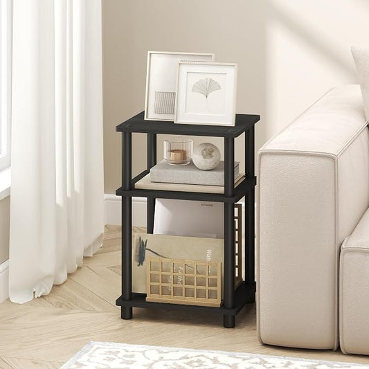Furinno Turn-N-Tube Side Table, 3-Tier End Table with Open Shelf, Toolless Assembly Night Stand, Bedside Table, for Living Room, Bedroom, Dark Americano