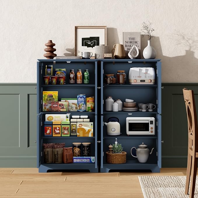 ChooChoo Bathroom Floor Cabinet, Modern Bathroom Storage Cabinet with 4 Doors and Adjustable Shelves, Freestanding Cupboard for Living Room, Blue