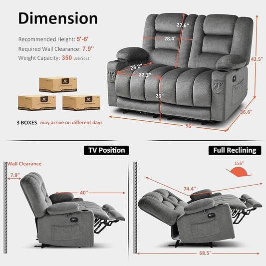 MCombo 55.9" Zero Gravity Power Loveseat Recliner with Heat and Vibration Massage, Reclining Loveseat Sofa with USB Ports, Cup Holders for Living Room, Fabric PR648SET (Grey)