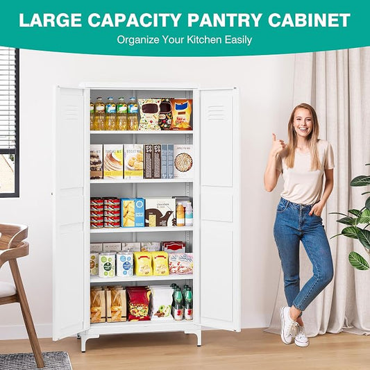 SISESOL Metal Storage Cabinet with Doors and Shelves,White Storage Cabinet with Leg & Vent Hole,Food Pantry Cabinets,5 Tier Metal Pantry,Tall Large Cupboard for Home,Kitchen,Dining/Living/Laundry Room