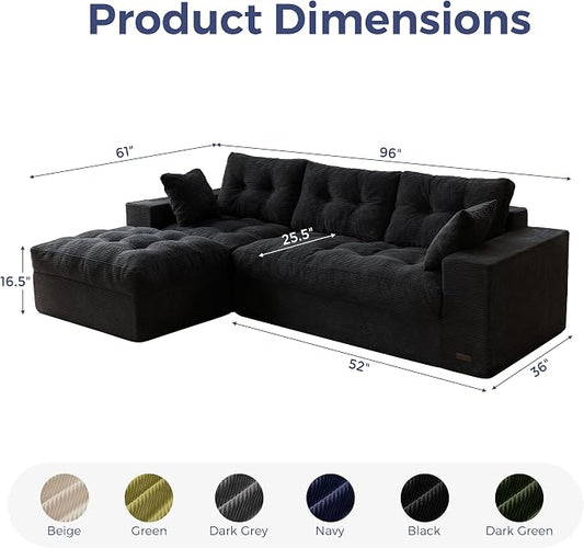 MAXYOYO 96" L Shaped Modular Sectional Sofa with Ottoman, Cloud Boneless Couch with Layered Cushion, Upholstered Sofa in a Box, Flexible Module Combination for Living Room, No Assembly, Black