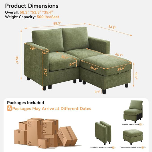 WUTUTUEE 58”Modular Sectional Loveseat Sofa with Storage, Comfy Office L Shaped Sofa Couch, Chenille Love Seat Modular Sectional Couch with Movable Ottoman for Living Room, Bedroom, Green