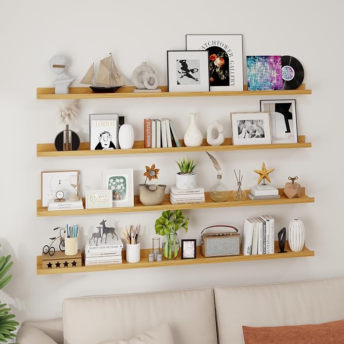 Axeman Picture Ledge Shelf | 55 Inch Oak Floating Shelves Set of 4 | Rustic Wood Wall Shelves with Lip | 55" Oak Picture Shelves for Wall with Ledge | Photo Shelves