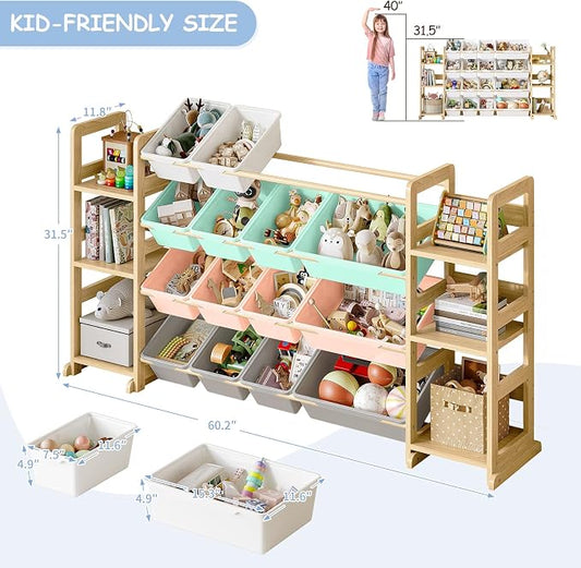 EXPERLAM Extra Large Toy Storage - Toy Storage Organizer, Wooden Toy Organizer with 6 Side Shelves and 16 Bins, 3-in-1 Bookshelf for Kids Rooms, Playroom, Nursery, Multi