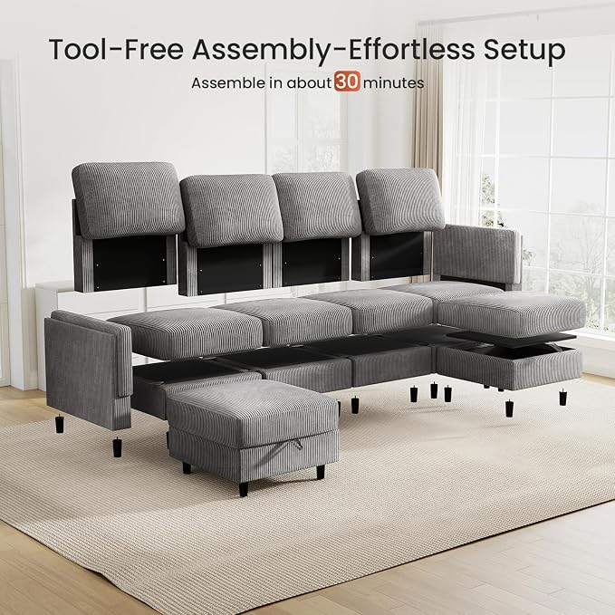 KKL Modular Sectional Sofa Bed with Storage Ottoman, Convertible L/U-Shaped Sleeper Couch for Living Room, Modern Reversible Design (Grey, 4 Seat L Shape)