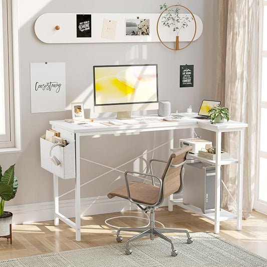 TIQLAB L Shaped Computer Desk with Power Outlets, 47 Inch Small Corner Desk with Reversible Shelves, Gaming Desk Computer Table Study Writing Desk for Home Office Small Space, White