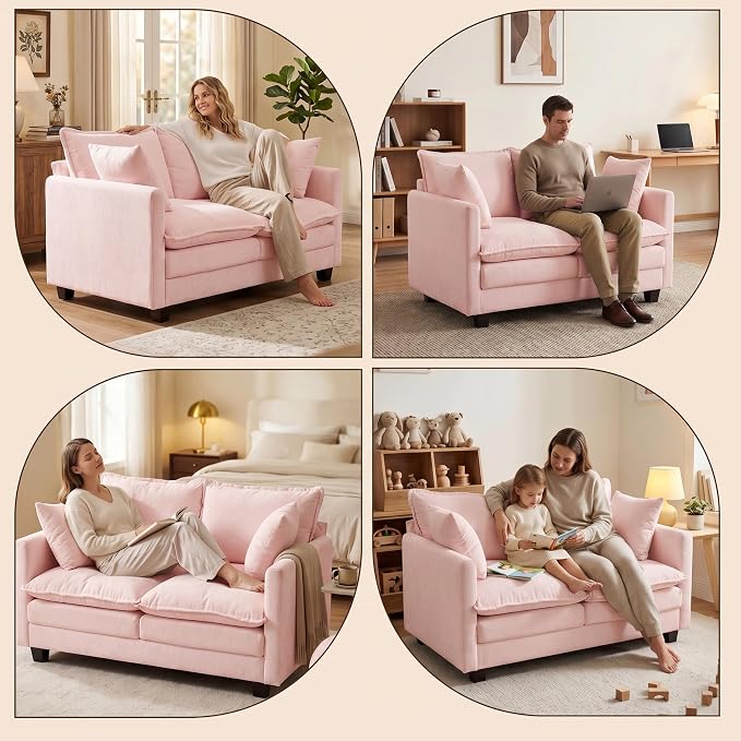 Loveseat Sofa with Cloud 3-Layer Cushion & 27" Deep Seat, Modern Love Seat Small Couch with 2 Washable Pillows for Small Spaces, Bedroom, Apartment, Office, Living Room, in a Box, 50-Inch Blush Pink