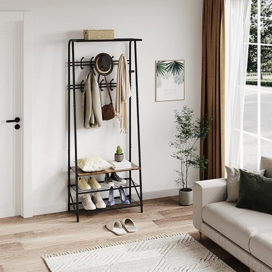 Jojoka Coat Rack Hall Tree with Shoe Storage Bench, 4-in-1 Entryway Organizer with 10 Hooks & 3-Tier Shoe Rack, Sturdy Metal Frame Freestanding Storage Unit for Hallway (Brown-Double Row, 25.2in)