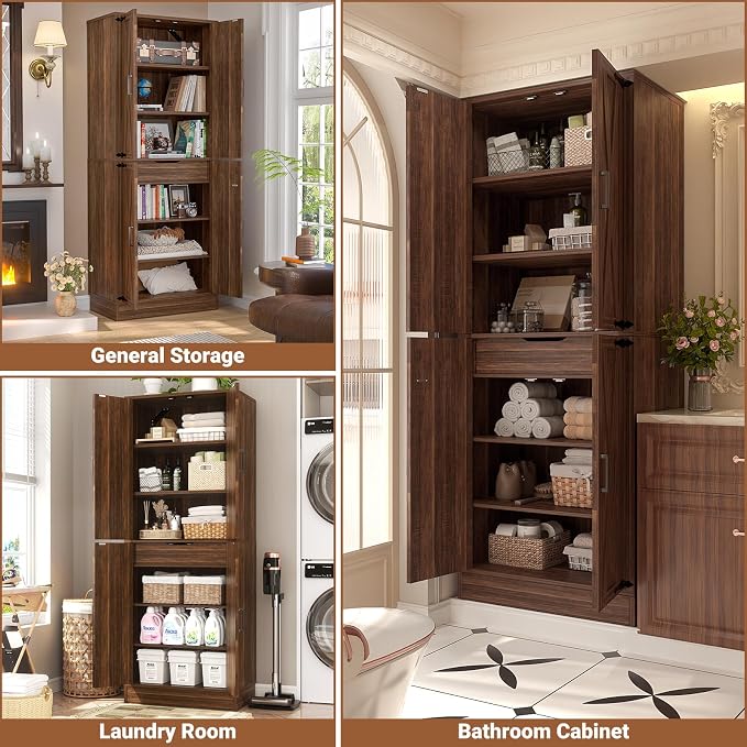 Unikito 71" Farmhouse Kitchen Pantry Storage Cabinet with Barn Doors, Adjustable Shelves & Drawer Organizer, Versatile Tall Storage Cupboard for Dining Room, Bathroom, Utility Room, Weathered Brown