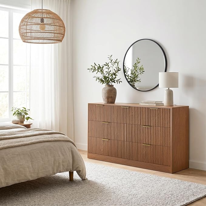7 Drawer Dresser for Bedroom, 55" Wide Fluted Chest of Drawers with Gold Metal Handles, Modern Wood Dresser Closet Storage Organizer Mid Century TV Stand for Living Room Hallway Light Walnut
