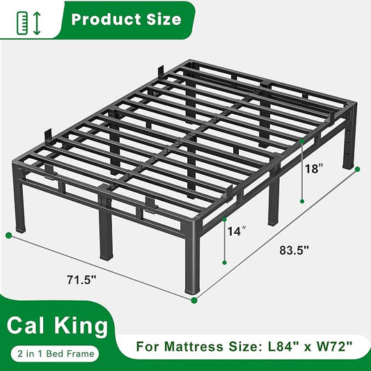 ROIL 18 Inch Cal King Bed Frame, Double Layer Metal Bed Frame with Round Corner Legs, 4000LBS Bed Frame & Box Spring 2 in 1 Platform with Headboard Holes Mattress Baffles, Noise-Free Easy Assembly