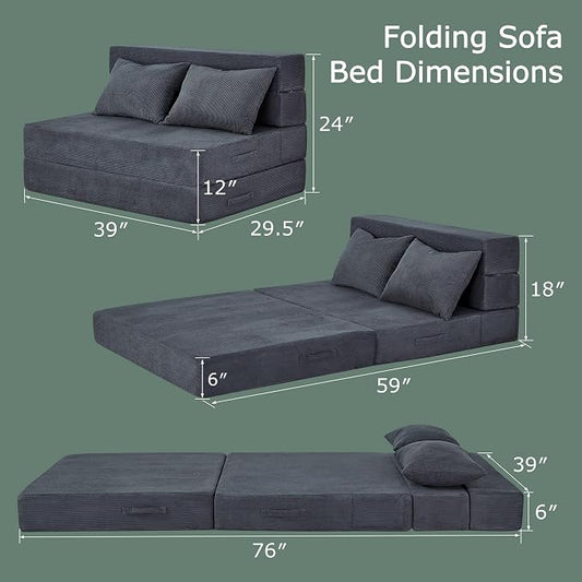 Folding Sofa Bed, 4 in 1 Convertible Sleeper Chair with Pillow, Twin Memory Foam Fold Out Chair Bed, Modern Floor Futon Sofa Couch Mattress for Living Room/Guest/Apartment, Dark Grey