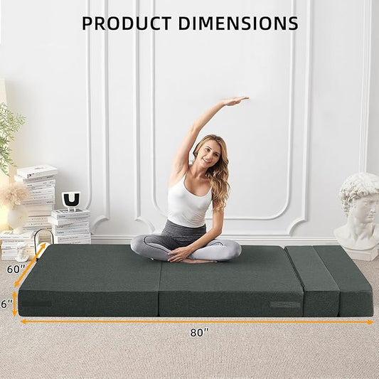 FILUXE Convertible Folding Sofa Bed - Sleeper Chair with Pillow, Modern Linen Fabric Floor & Futon Couch, Foldable Mattress for Living Room/Dorm/Guest Use/Home Office/Apartment, Queen Size, Dark Gray