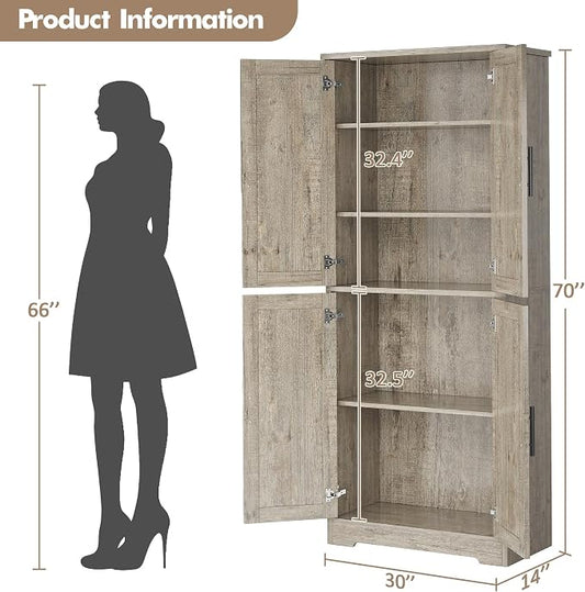 IDEALHOUSE Pantry Cabinet,70" Tall Kitchen Pantry Cabinet with 4 Doors and 3 Adjustable Shelves, Freestanding Cupboard, Modern Storage Cabinet for Bathroom, Dining Room, Living Room, Gray