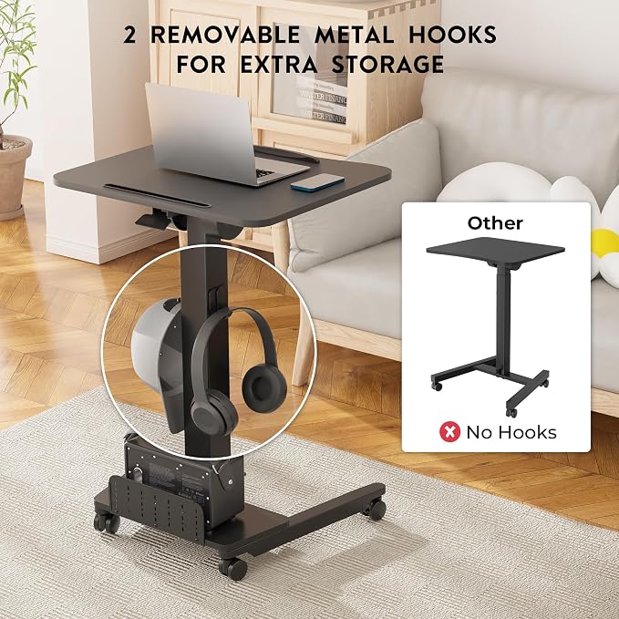 BONTEC Mobile Standing Desk Adjustable Height, Rolling Laptop Cart with Storage Shelf, Hooks, Portable Workstation with Pneumatic Lift, Ergonomic Compact Home Office Desk, Black 23.6" x 20.5"