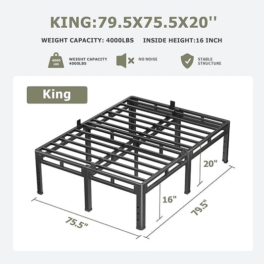 NKZ King Size Bed Frame 20 Inch, Metal Bed Frame & Box Spring 2 in 1 Platform with Round Corner Legs, 4000lbs Weight Capacity Reinforced Metal Frame, Headboard Hole, Noise-Free, Easy Assembly