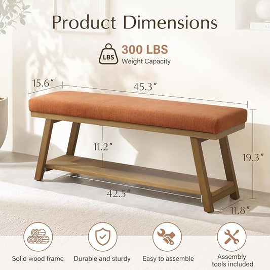 Zihanhome 45" Entryway Bench Upholstered Storage Bench for Bedroom Shoe Rack Bench for Living Room, Hallway, Mudroom, Balcony, Sturdy Indoor Bench Seat Holds Up to 300 lbs (Orange)