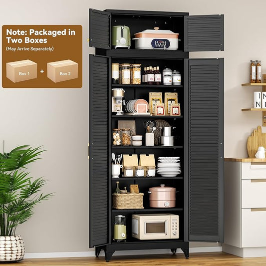 Polup 90" Tall Metal Kitchen Pantry Storage Cabinet with Doors and Shelves | Black Heavy Duty Steel Cabinet,Golden Handle,5 Adjustable Shelves,Louvered Doors,Anti-tipping,2 packages,garage,Dining room