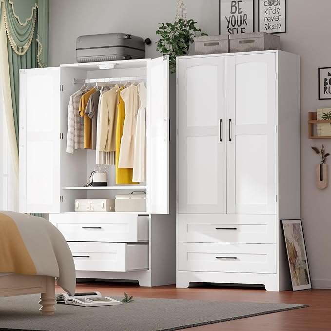 Wooden Armoire Wardrobe Closet, Bedroom Armoires with Door and Drawers, Freestanding Wardrobe Clothing Storage Cabinet with Shelves and Hanging Rod for Bedroom, Laundry Room, Cloak Room(White)