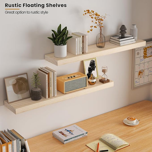 Vivelove Natural Wood Floating Shelves 36”,8 inch Deep Floating Shelf with Invisible Brackets, Unfinished Wall Shelves for Living Room, Bathroom, Kitchen, Bedroom, Home Decor, Set of 2 - Natural