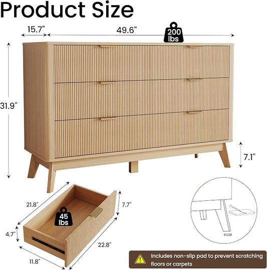 SUNWAVE 6 Drawer Dresser for Bedroom, 49.6" Wide Modern Fluted Dresser with Round Corner, Wood Chest of Drawers for Living Room (Oak)