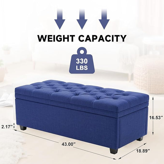 Mangodan Storage Ottoman Bench, Tufted Ottoman with Storage for Living Room, Large End of Bed Ottomans, Modern Entryway Benchs (Blue, 43 Inch)