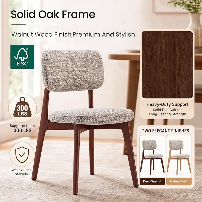 COLAMY Dining Chairs Set of 4, Modern Upholstered Kitchen Room Chairs with Solid Red Oak Wood Legs, 5-Min Easy Assembly Anti-Wobble, High-Weight Fabric Farmhouse Side Chair, 300lbs,Walnut,Oatmeal