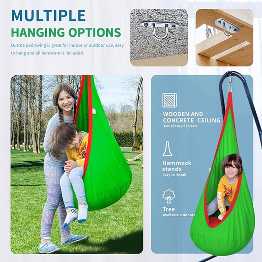 OUTREE Kids Pod Swing Seat, Cotton Child Hammock Swing Chair, Sensory Swing for Indoor and Outdoor Use, Green