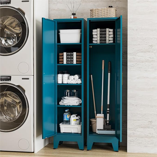 67" Tall Storage Cabinet with Reversible Doors and Adjustable Shelves,Metal Slim Freestanding Cabinet for Bathroom Kitchen Garage Small Spaces,Blue,5-Tier 1 Pack