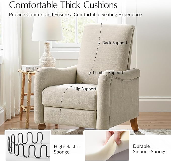 HULALA HOME Farmhouse Recliner Chair with Solid Wood Spindle Legs, Curved Push Back Recliner Armchair with Adjustable Backrest & Footrest, Comfy High Back Lazyboy Single Sofa for Living Room, Linen